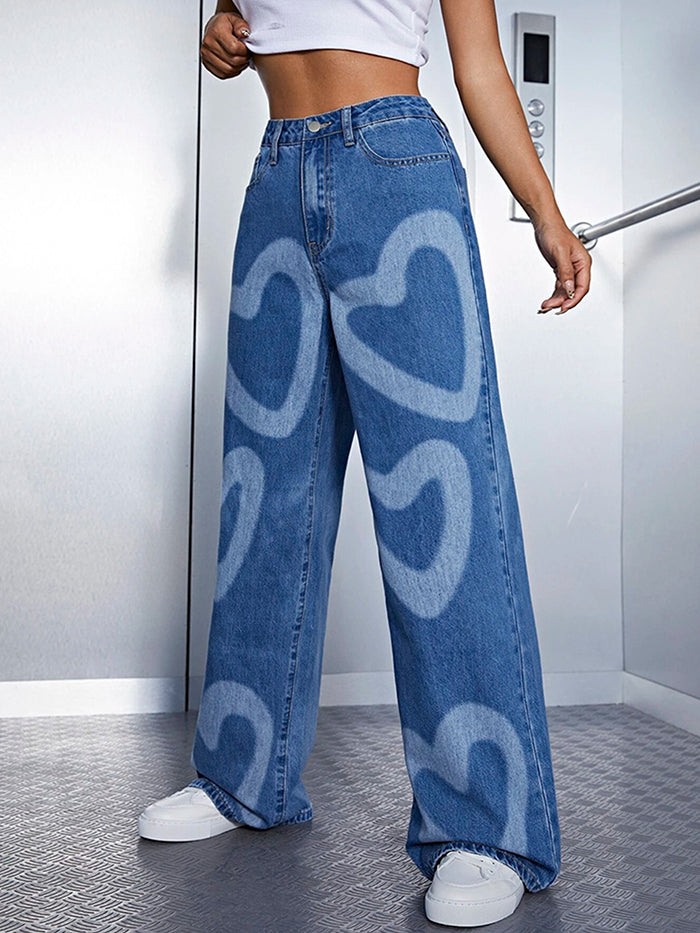 Pantalon de denim de la jambe large imprimée en forme de cœur urbain imprimé