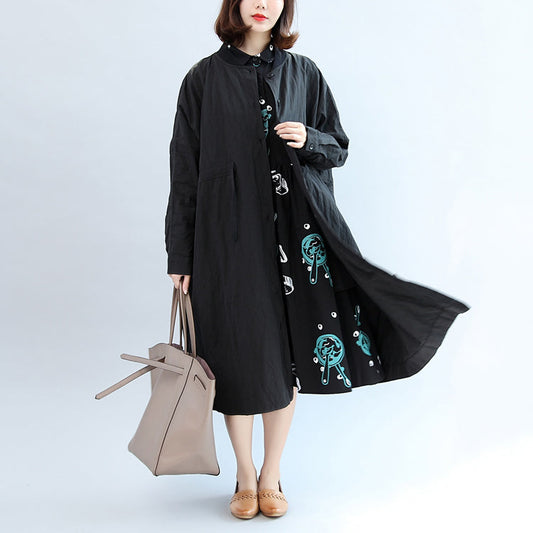 2021 Black Casual Cotton Coat plus taille Unique Outwear Long Mancheve Vêtements