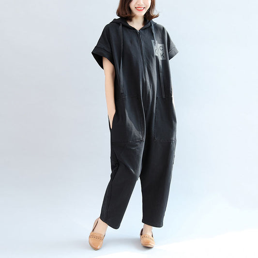 2024 black casual cotton hooded short sleeve tops and jumpsuit jeans