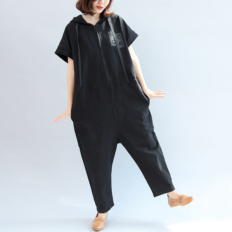 2024 black casual cotton hooded short sleeve tops and jumpsuit jeans