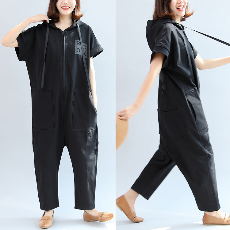 2024 black casual cotton hooded short sleeve tops and jumpsuit jeans