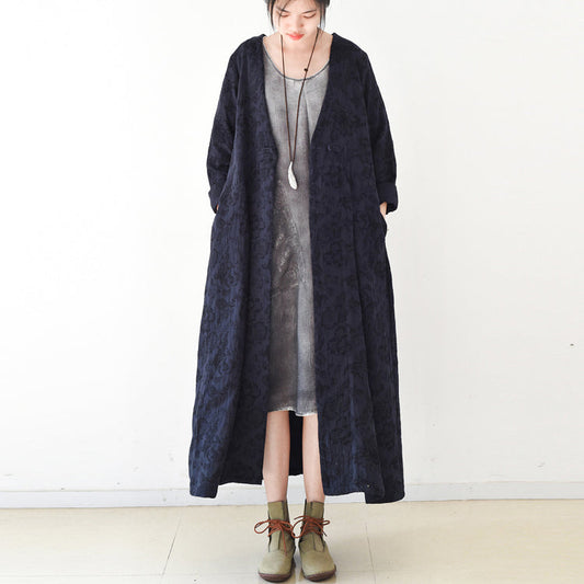 2021 Fall Trend Navy Jacquard Linen Coats Long Maxi Coat v Neck Casual Cardigan