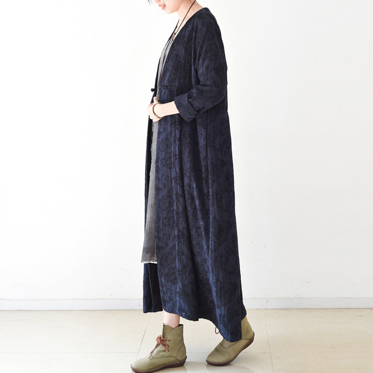 2021 Fall Trend Navy Jacquard Linen Coats Long Maxi Coat v Neck Casual Cardigan