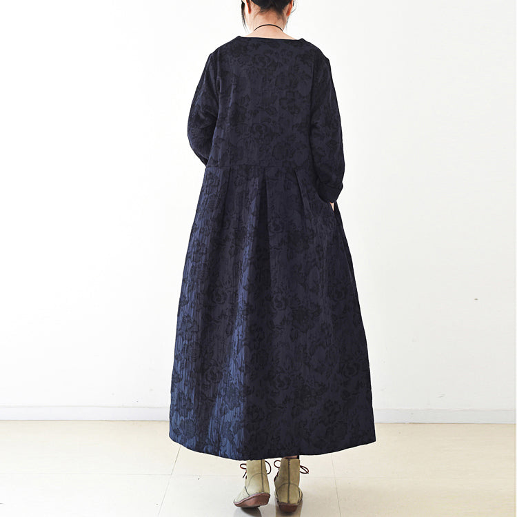 2021 Fall Trend Navy Jacquard Linen Coats Long Maxi Coat v Neck Casual Cardigan