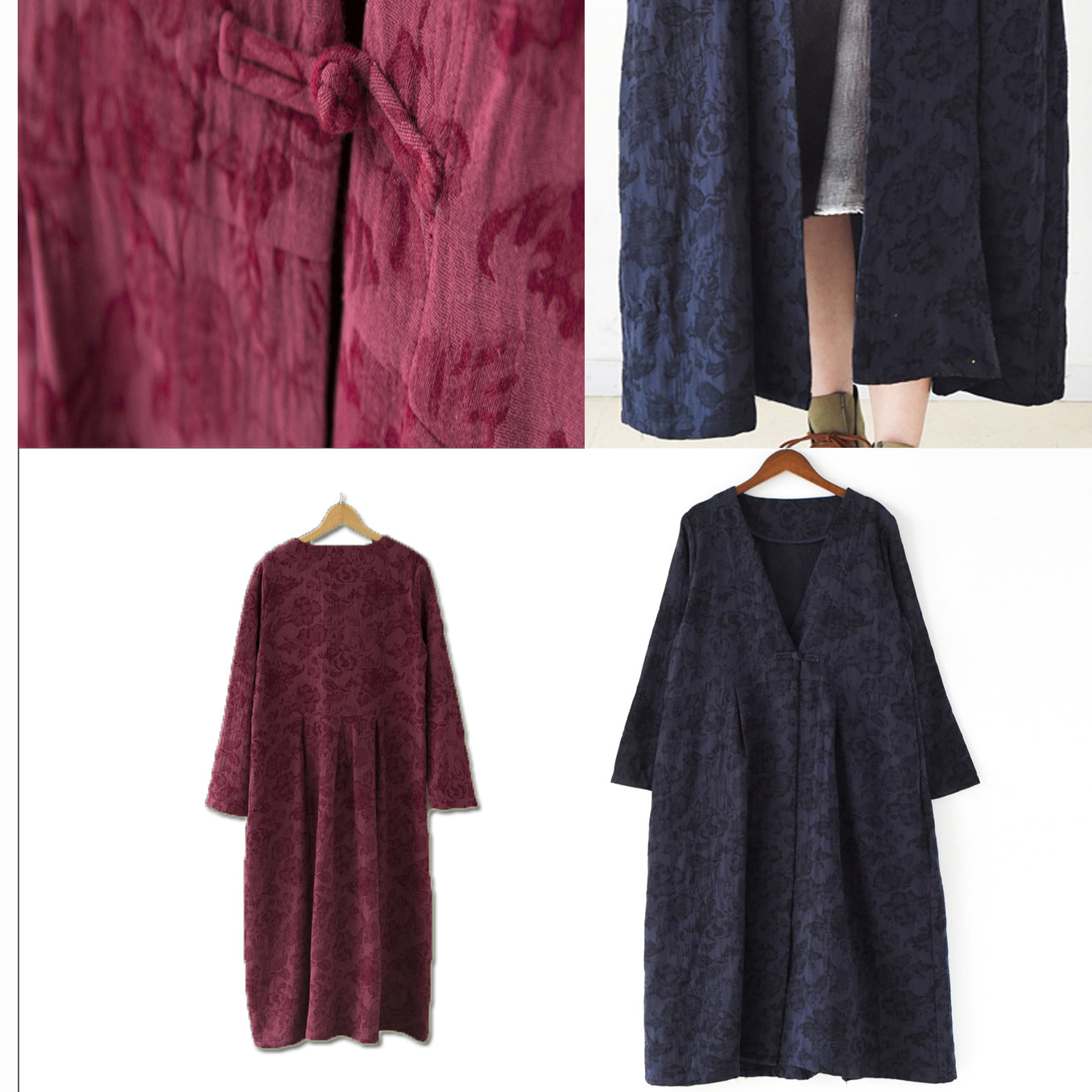 2021 Fall Trend Navy Jacquard Linen Coats Long Maxi Coat v Neck Casual Cardigan