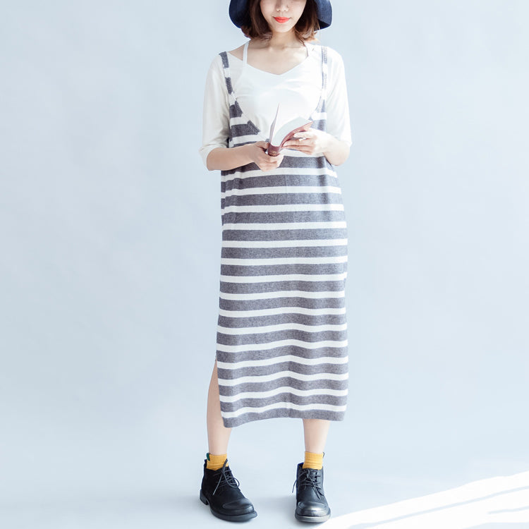 2024 new fashion gray white striped sweater sleeveless dresses loose  casual dress side open