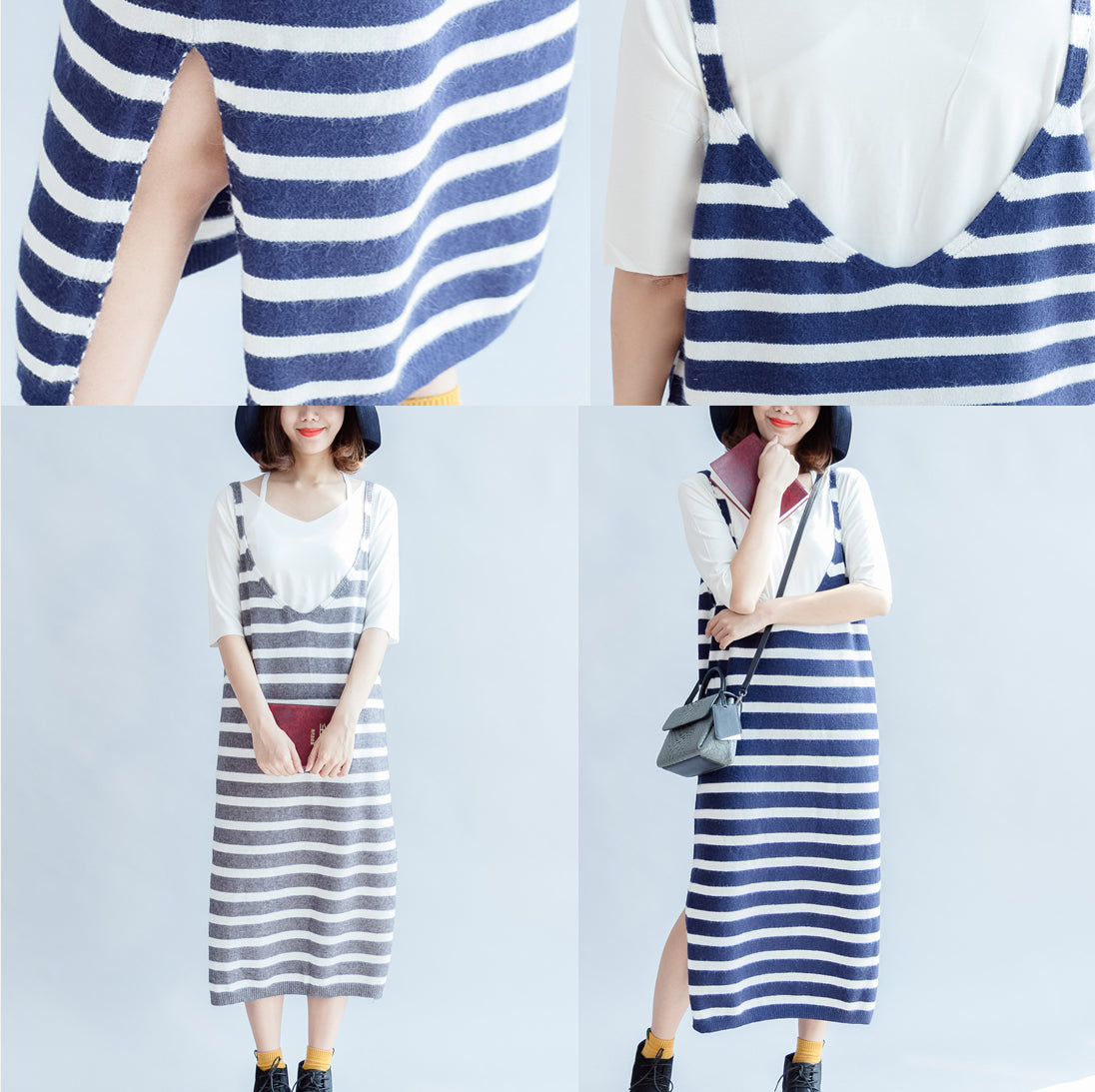 2024 new fashion gray white striped sweater sleeveless dresses loose  casual dress side open