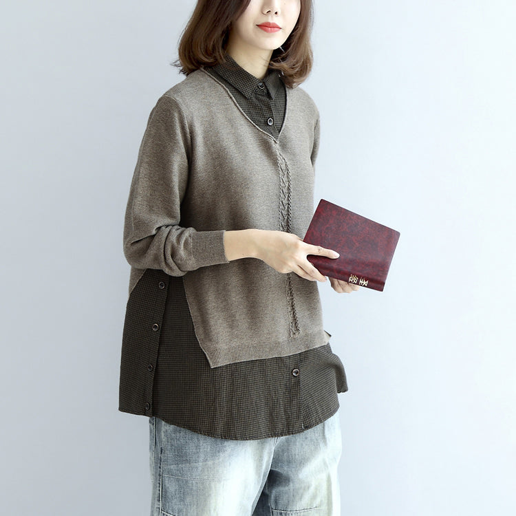 2021 New Khaki Grid Tops Tops Fine Fine Casual Long Sleeve Pullover Fals Two Pieces