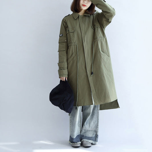 2024 pockets green casual cotton parka plus size tie waist long sleeve trench coats