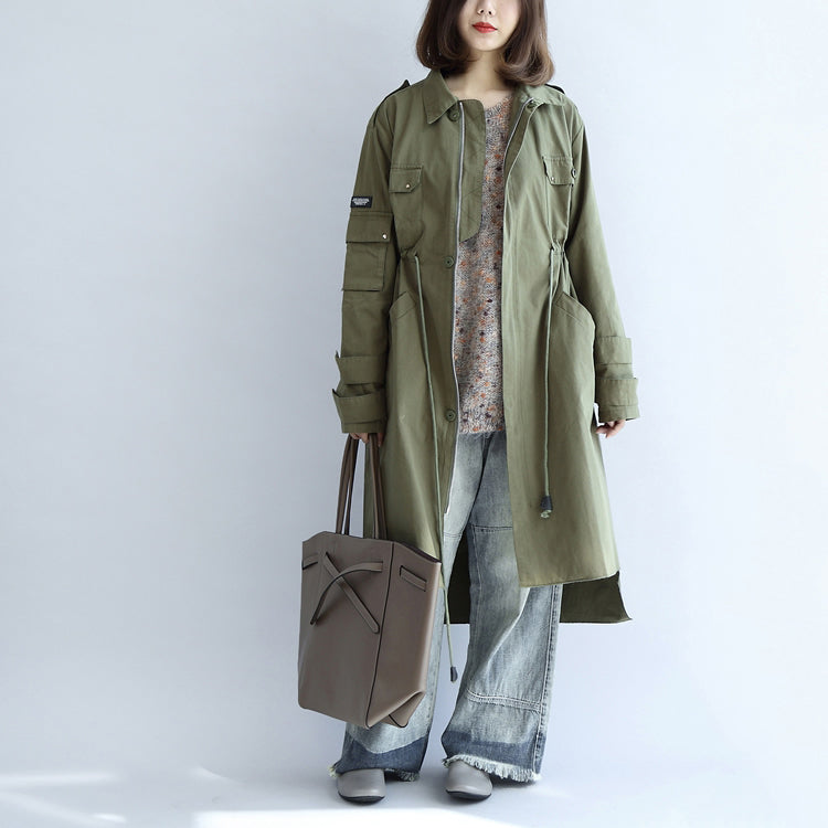 2024 pockets green casual cotton parka plus size tie waist long sleeve trench coats