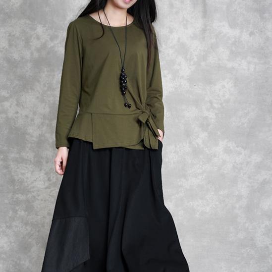 2019 army green cotton tops oversized cotton maxi t shirts women asymmetric long sleeve cotton shirts - SooLinen