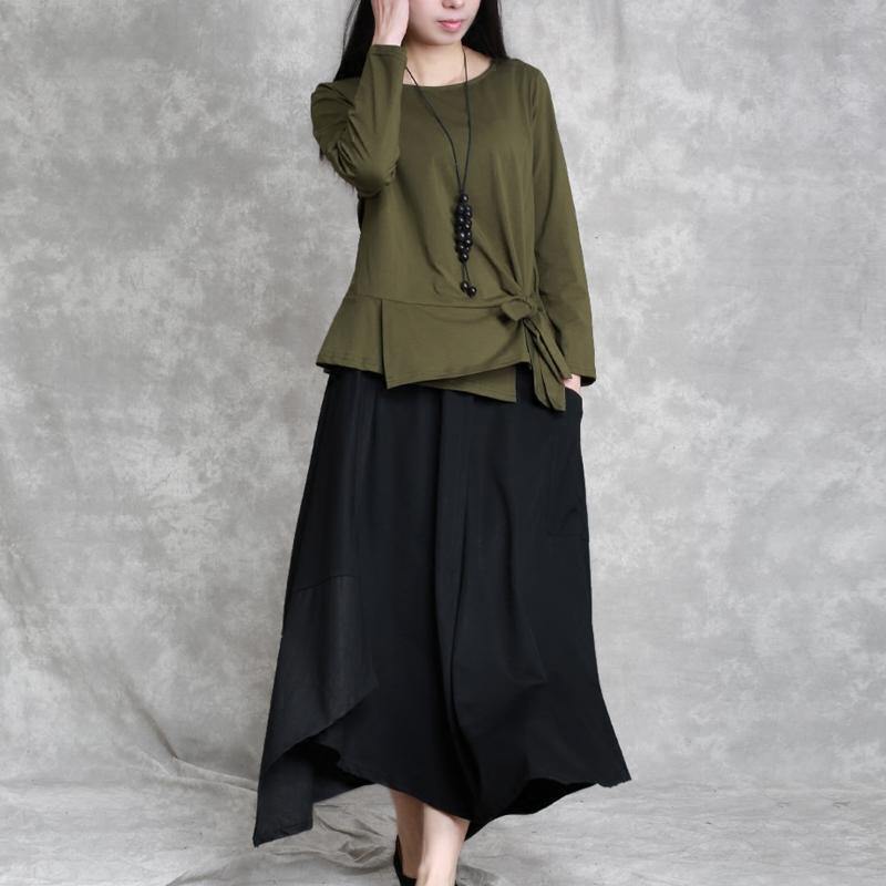 2019 army green cotton tops oversized cotton maxi t shirts women asymmetric long sleeve cotton shirts - SooLinen