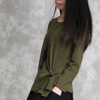 2019 army green cotton tops oversized cotton maxi t shirts women asymmetric long sleeve cotton shirts - SooLinen