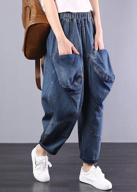 2019 autumn old casual pants big pockets denim blue harem pants - SooLinen