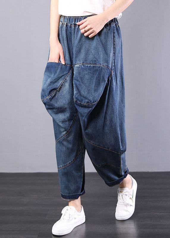 2019 autumn old casual pants big pockets denim blue harem pants - SooLinen