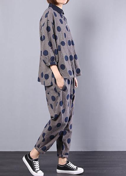 2019 blue dotted cotton lapel collar tops and elastic waist pants two pieces - SooLinen