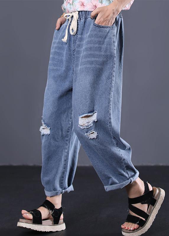 2019 new denim blue plus size pants elastic waist drawstring ripped Jeans - SooLinen