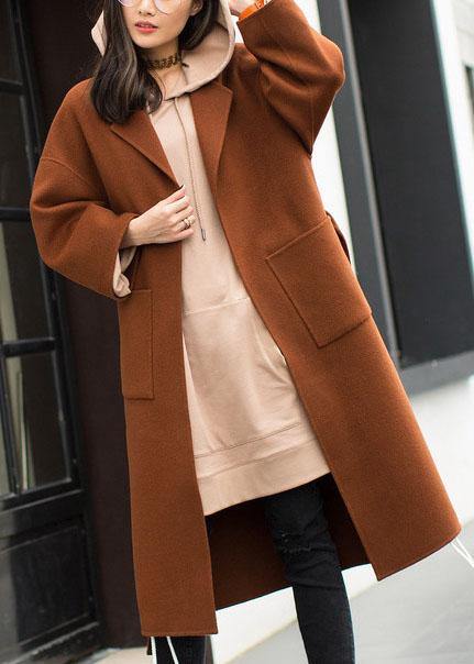 2019 plus size medium length coat Notched coat brown tie waist side open Woolen Coat Women - SooLinen