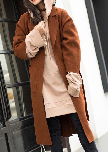 2019 plus size medium length coat Notched coat brown tie waist side open Woolen Coat Women - SooLinen