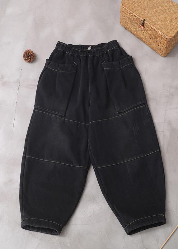 2019 winter black patchwork cotton pants two pockets thick denim pants - SooLinen