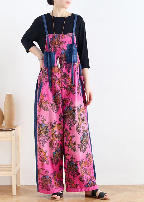 2021 retro national style rose printed loose denim overalls - SooLinen