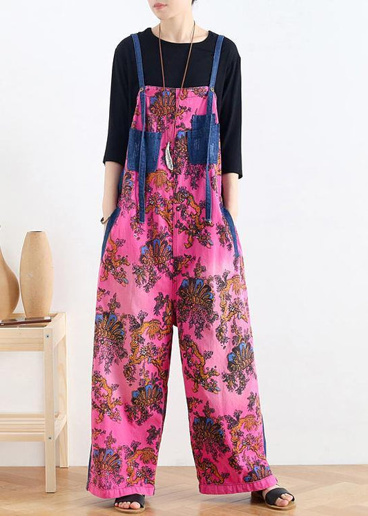 2021 retro national style rose printed loose denim overalls - SooLinen