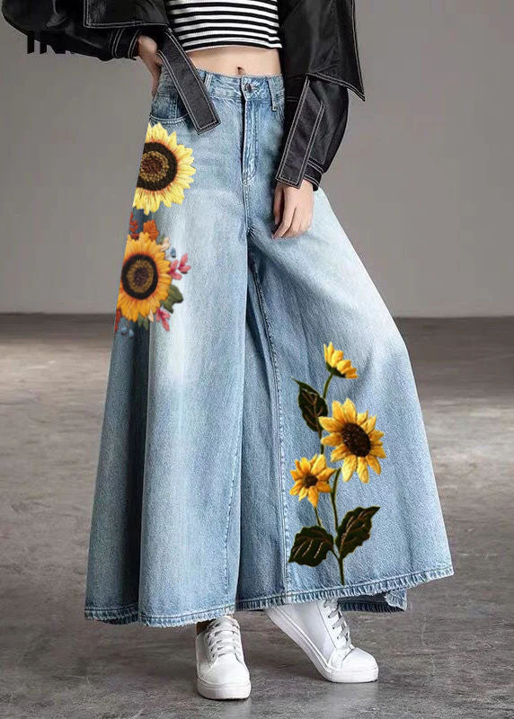 DIY Blue-chrysanthemum Pockets de mode Pantalon de jean d'automne à jambe large décontractée