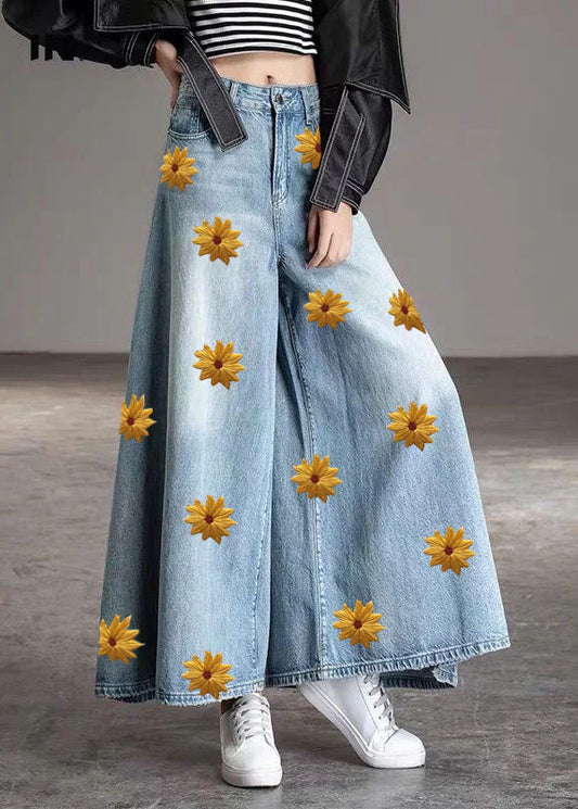 DIY Blue-chrysanthemum Pockets de mode Pantalon de jean d'automne à jambe large décontractée