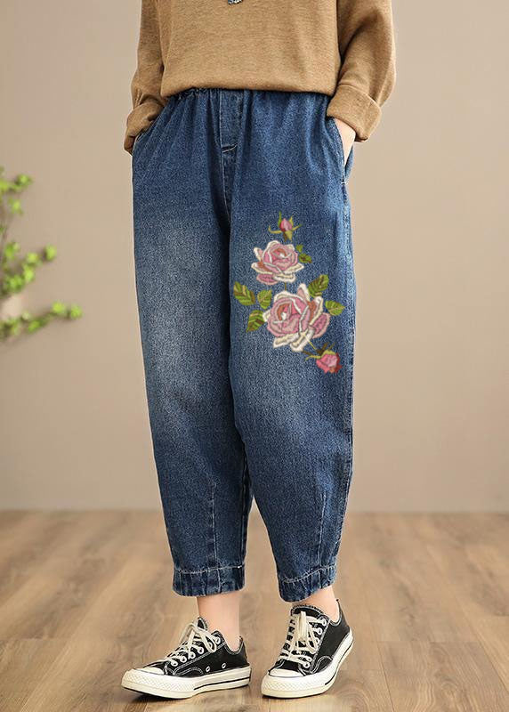 Pantalon décontracté de printemps à la main surdimensionné denim Blue-Rose Photographie pantalon de taille élastique