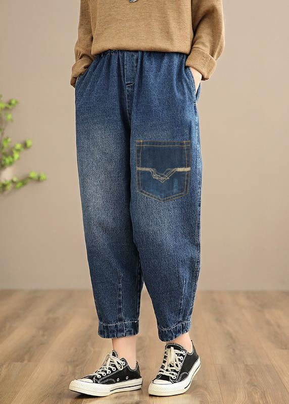 Pantalon décontracté de printemps à la main surdimensionné denim Blue-Rose Photographie pantalon de taille élastique