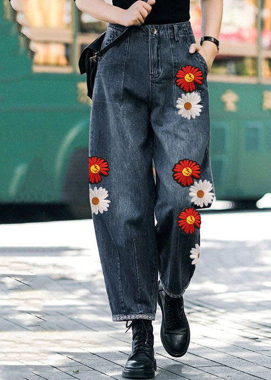 Style Navy-Floral High Waist Pockets Harem Harem Casual Fall Denim Pantal