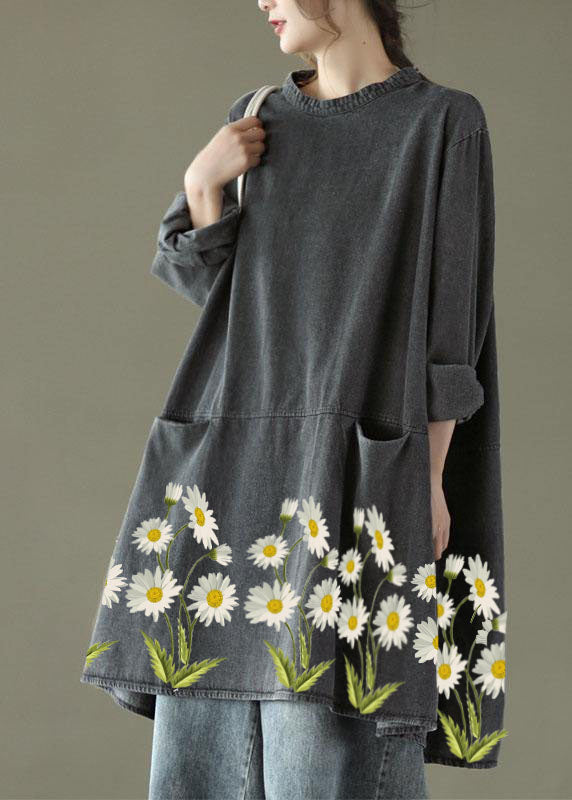 Boho Black Grey Yellow Fleur Pockets à col