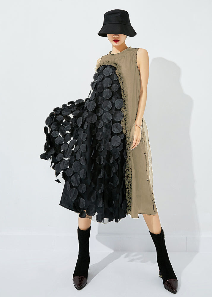 Bohemian Khaki-Black Dot asymétrique Patchwork Robe en tulle maxi sans manches