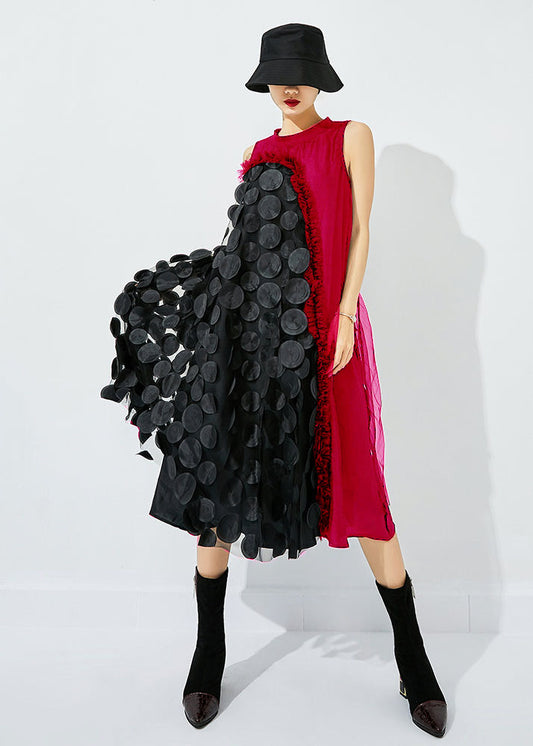 Bohème Red-Black Dot asymétrique patchwork en tulle maxi