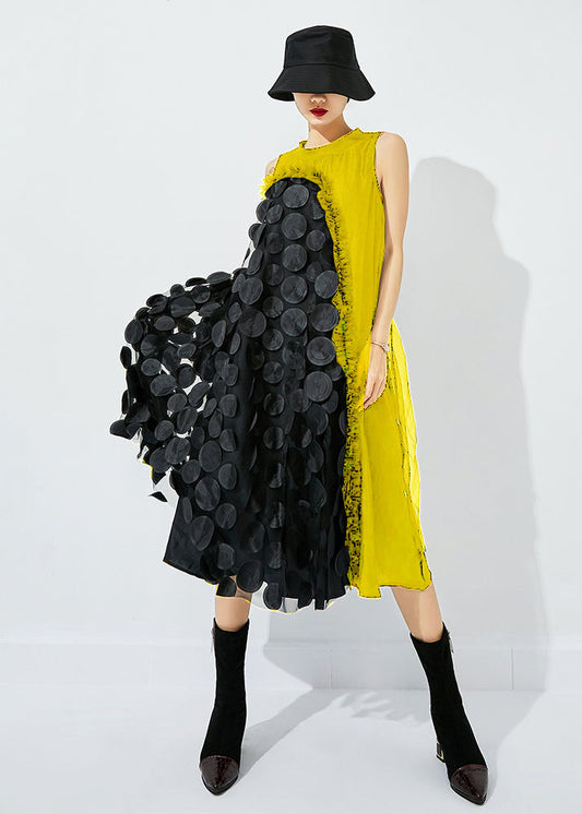 Bohème jaune-noir Dot asymétrique patchwork en tulle maxi plière sans manches