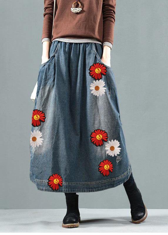 Blue-Pearl Pockets Retro Patchwork Summer Jirts Denim