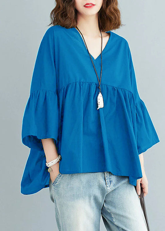 Blue V Neck Patchwork Design asymétrie