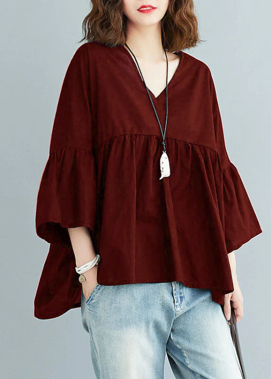 Mulberry V Neck Patchwork Design asymétrique de conception d'automne TOP trois quarts de manche