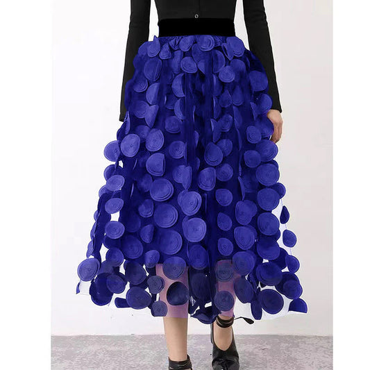 Élégant blue dot patchwork tulle jupe chute