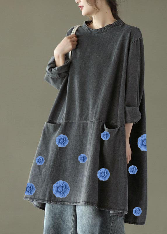 Boho Black Grey O-Leck Pockets Denim Robes longues à manches longues