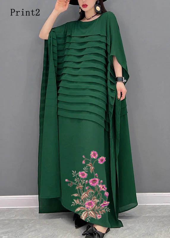 Bohemian Green O-Leck Striped Mariffon Murkle Robe Batwing Sleeve