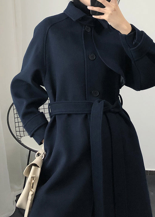 Fashion Loose Fitting Trench Coat Spring Navy Tie Waist Wool Coat