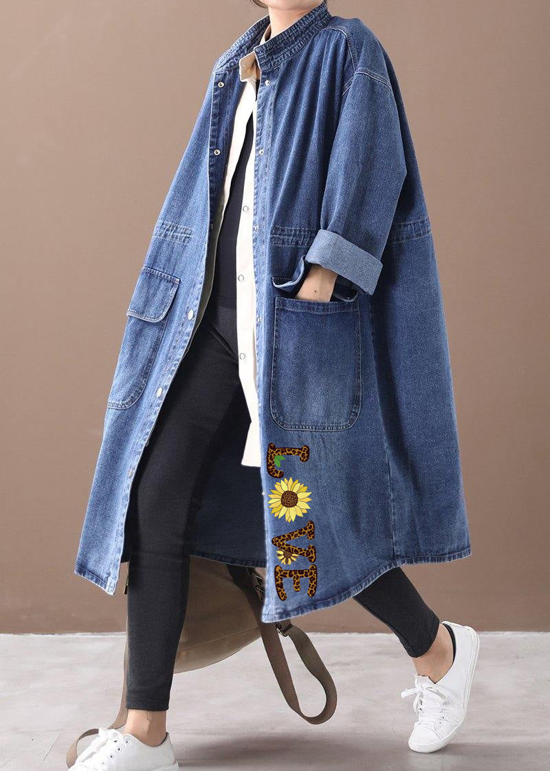 French denim blue-snowflake Plus Size box coat Shape stand collar drawstring coat