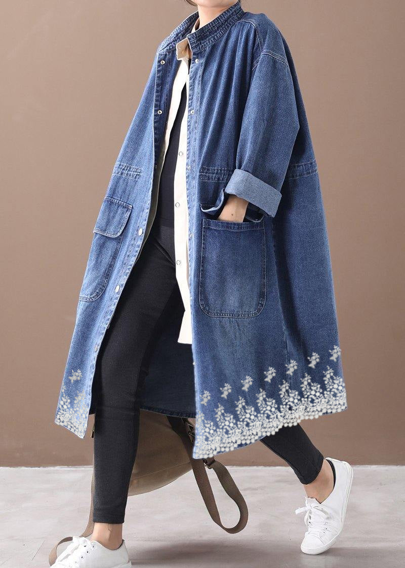 French denim blue-lace Plus Size box coat Shape stand collar drawstring coat