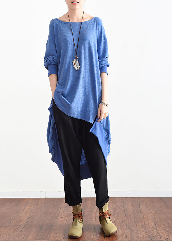 2024 autumn blue low high silk blouses oversized cotton blouses stylish tops