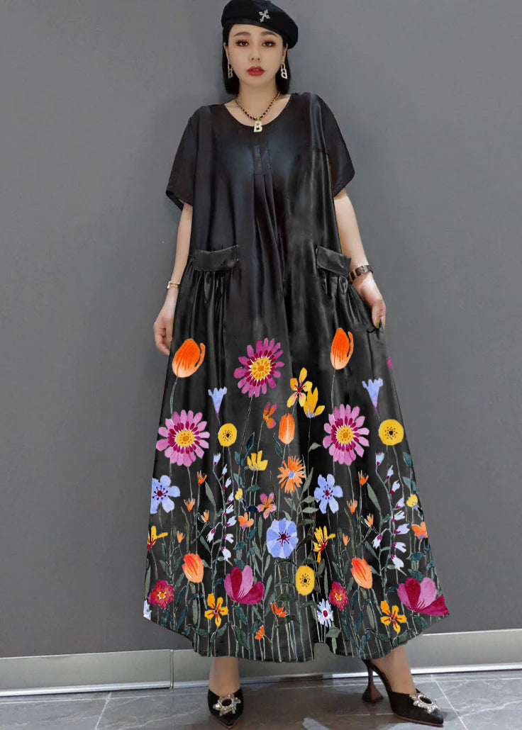 Black-flowers et oiseaux O-cou imprimé satin maxi robe Summer