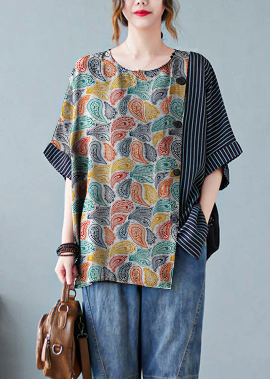 Novelty Cashew pattern O-Neck Striped Patchwork Button Cotton T Shirts Half Sleeve