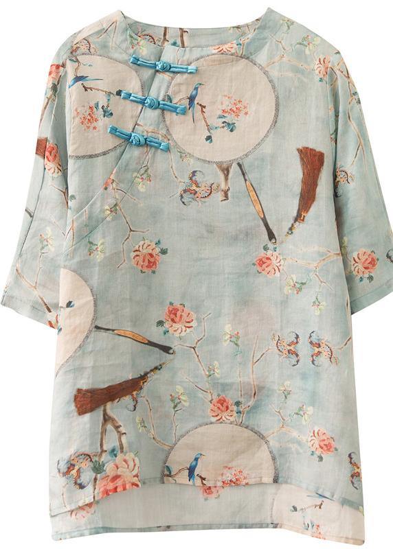 Women O Neck Half Sleeve Shirts Light Blue Print Baggy Shirts - SooLinen