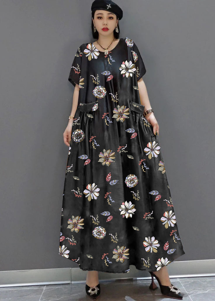 Black-flowers et oiseaux O-cou imprimé satin maxi robe Summer