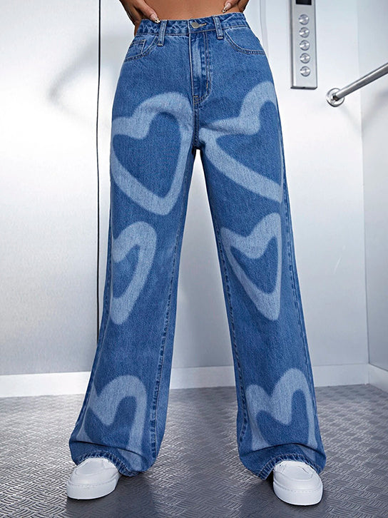 Pantalon de denim de la jambe large imprimée en forme de cœur urbain imprimé